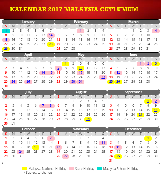 Kalendar 2017 Malaysia Cuti Sekolah Dan Cuti Umum (Public ...