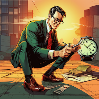 Person kneeling over a pile of paperwork with a large watch in the background