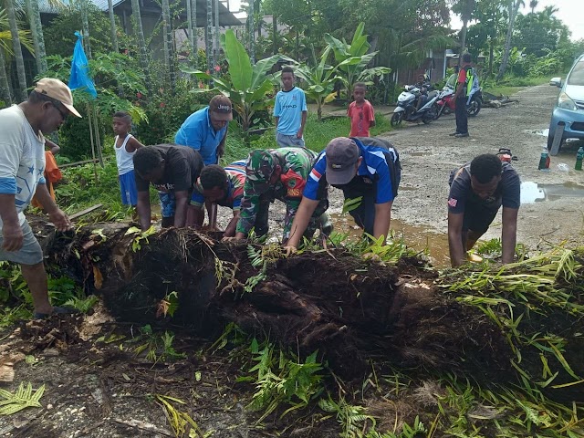 Gerak Cepat Babinsa Aimas Bersama Masyarakat Membersihkan Pohon Tumbang