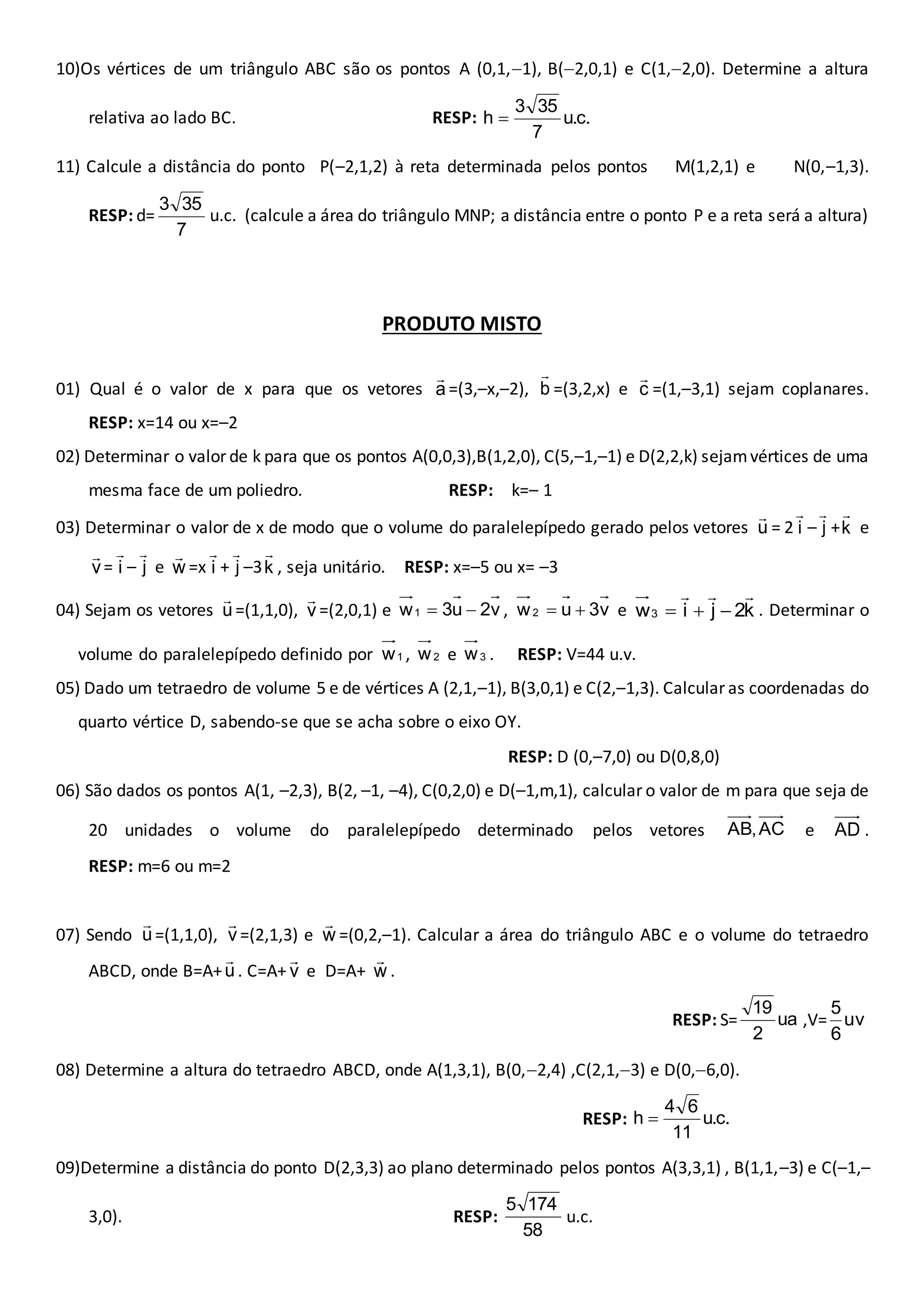 Exercícios produto vetorial e misto