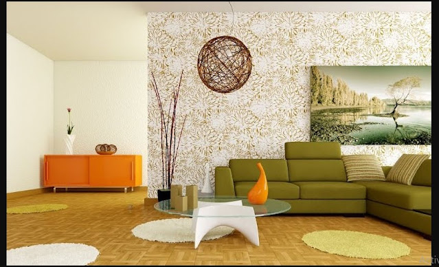 Modern Style Interior Design with orange and green sofa