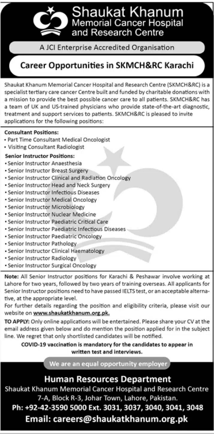 Job Advertisement Of Shaukat Khanum Memorial Cancer Hospital Jobs 2022