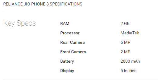 jio phone 3 specification