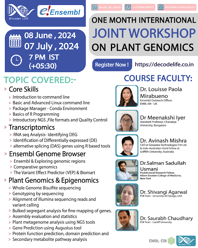 One Month Joint International Workshop on Plant Genomics 2024 by Decode Life & Ensembl Team - EMBL EBI - UK