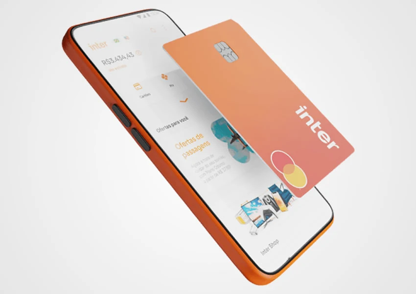A imagem mostra um celular com o aplicativo do banco inter aberto com um cartão sobre ele.
