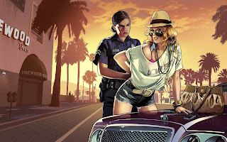 GTA V Artwork wider screen aspect ratio wallpaper lady cop arresting sexy girl in denim hot pants white top