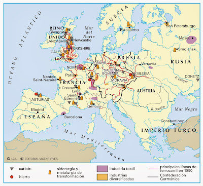 Resultado de imagen de un mapa sobre la expansión en Europa de la revolucion industrial