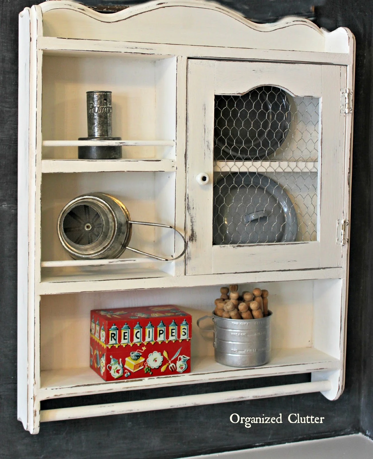 $5 Thrift Shop Shelf Updated with Paint & Chicken Wire www.organizedclutter.net