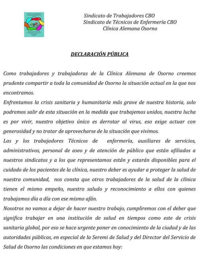 Sindicatos cuestionan a la Dirección de la Clínica Alemana Osorno