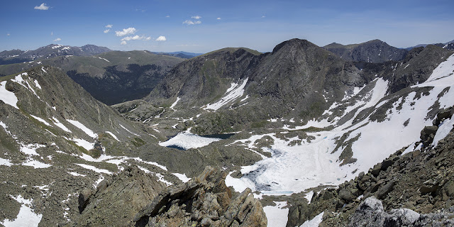 summit view of Mt. Ida with Mt. Julian and Azure Lake in Rocky Mountain National Park