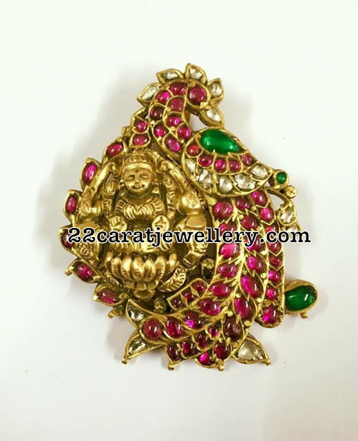  Antique complete traditional Goddess Lakshmi engraved pendant sitting on dancing peacock Ruby Pendant Sets past times Swarnaa Jewellers