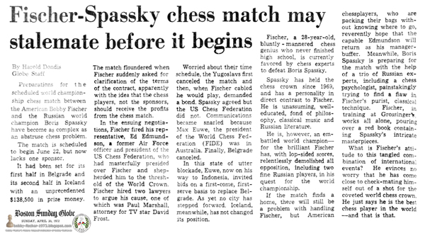 Fischer-Spassky Chess Match May Stalemate Before It Begins