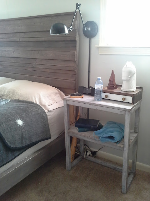 Master bedroom wall lamp rustic headboard nightstand