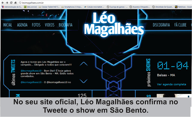 No seu site oficial, Léo Magalhães confirma no tweete o show que realizaria em São Bento