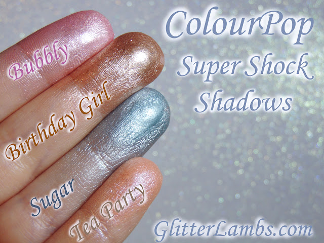 ColourPop Super Shock Shadows Eyeshadows Swatches Review by www.GlitterLambs.com Take It Slow, Let Me Explain, Valley Girl, Glitterati, Fringe, Rainbow Hello Kitty, Bubbly, Tea Party, Sugar, Birthday Girl www.Colourpop.com