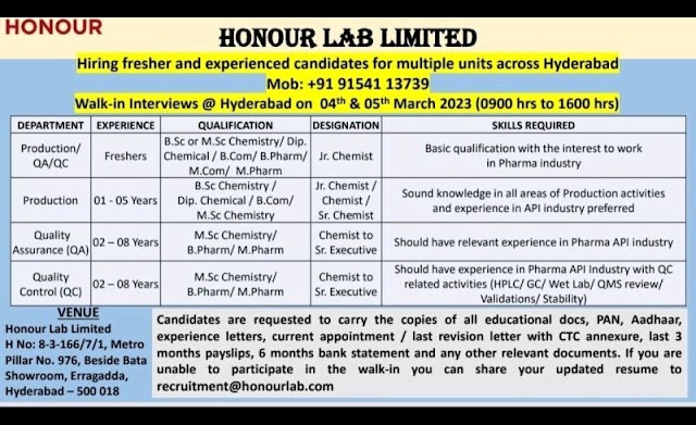 Honour Labs | Walk-in interview for Freshers and Experienced at Hyderabad on 4th & 5th March 2023