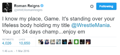 Wrestler Roman Reigns Tweets Threat To Triple H WWE World Heavyweight Championship On the Line WrestleMania