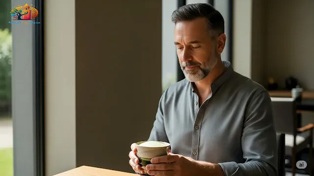 شخص يستمتع بكوب من الماتشا مع شعور بالتركيز والطاقة الهادئة