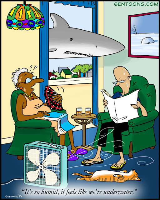 A couple in their underwear sitting in the easy chairs, a fan blowing on them. The man reads a newspaper.   The woman is fanning herself with a paper fan. She says, "It's so hot today, it feels like we're underwater." Behind them, a shark floats through the open window.