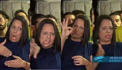 Descrição da imagem:montagem com 4 fotos da intérprete de libras com expressões faciais diferentes.