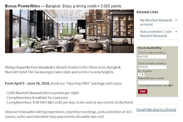 曼谷萬豪酒店Bangkok Marriott Hotel The Surawongse“開業優惠”套餐『Enjoy a dining credit + 3,000 points』