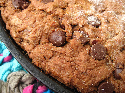 chocolate scones with chocolate chips in cast iron skillet