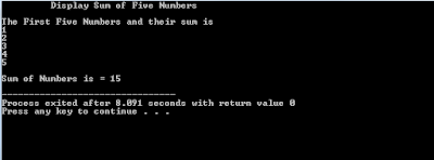 Write a program that displays first five numbers and their sum using while loop.