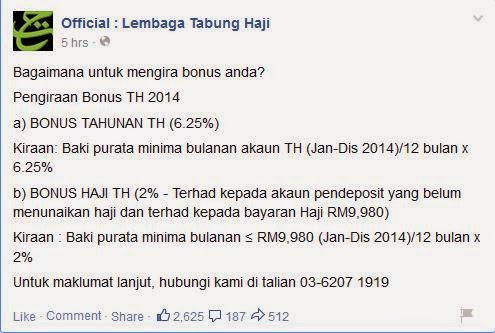 Dividen / Bonus Tabung Haji 2014 Sebanyak 6.25% (Tambahan 2% Bonus ...