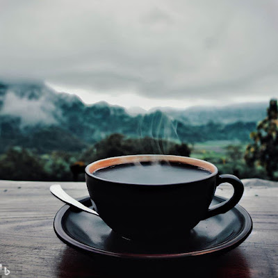secangkir kopi hitam di atas meja kayu dengan latar belakang pegunungan