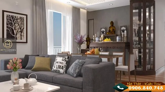 Căn hộ chung cư có bàn thờ Phật bố trí phía sau sofa phòng khách.