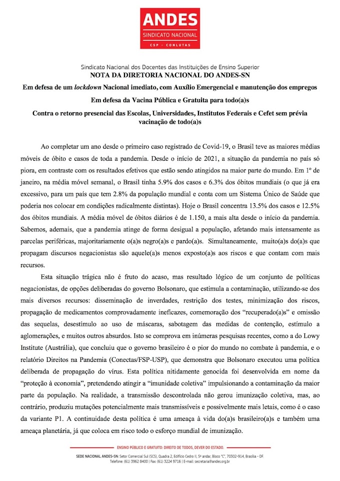 NOTA DA DIRETORIA NACIONAL DO ANDES-SN EM DEFESA DE UM LOCKDOWN NACIONAL IMEDIATO