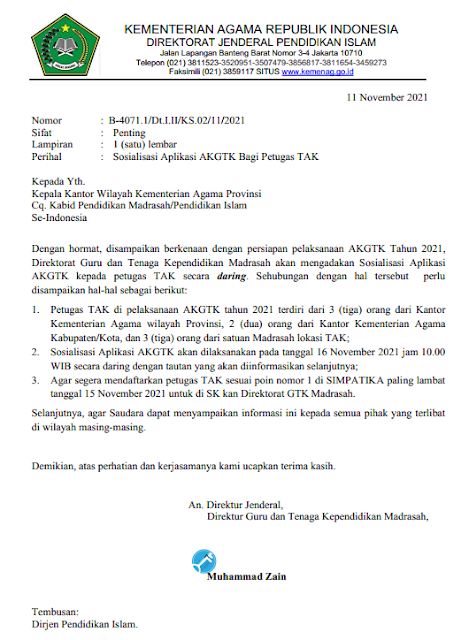 Surat Edaran Sosialisasi Aplikasi AKGTK Bagi Petugas TAK - https://www.intelmadrasah.com/