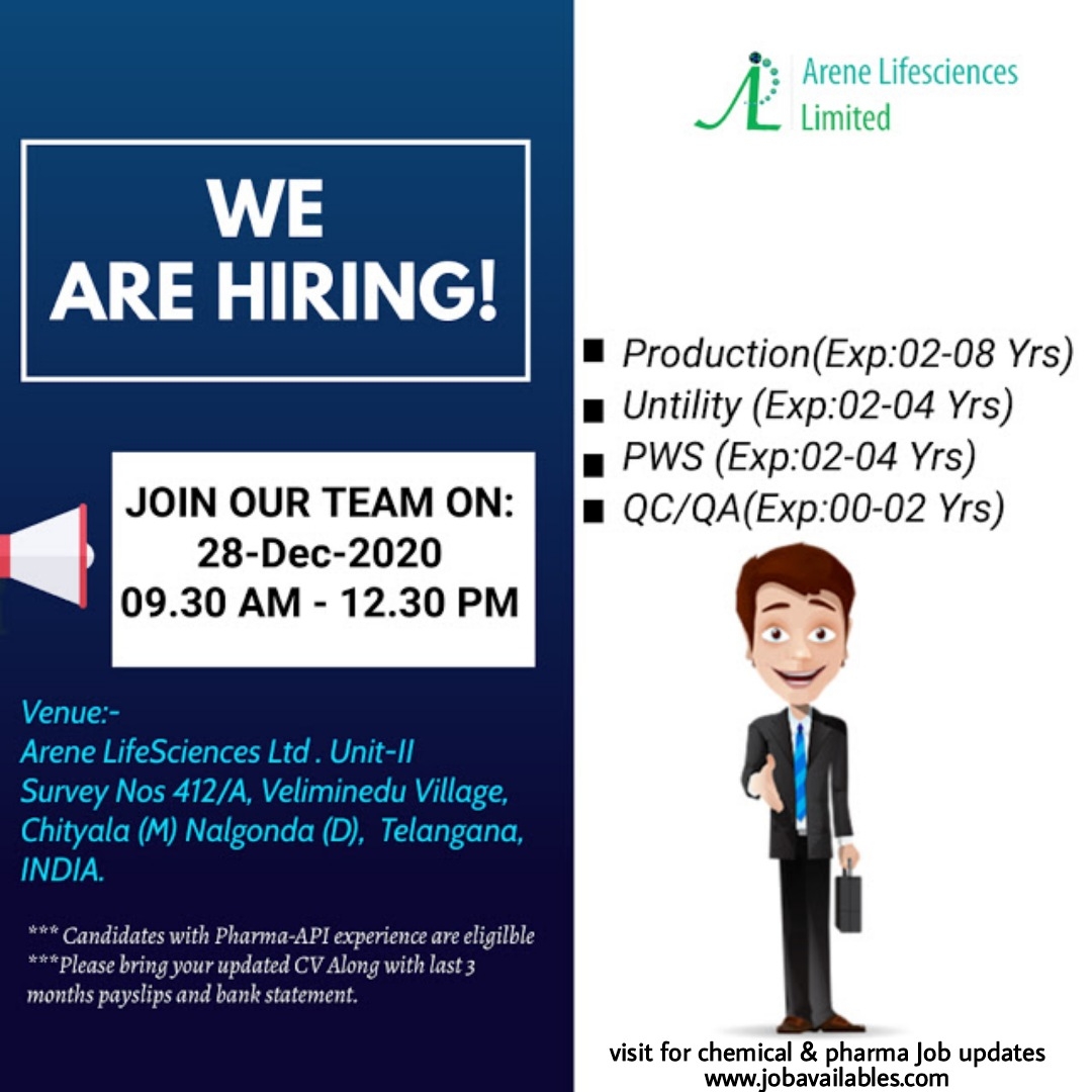 Job Availables, Arene Life Sciences Ltd Interview For Freshers & experienced QC/ QA/ Production Dept