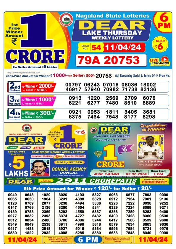 Dear Lottery Result Today 6 PM