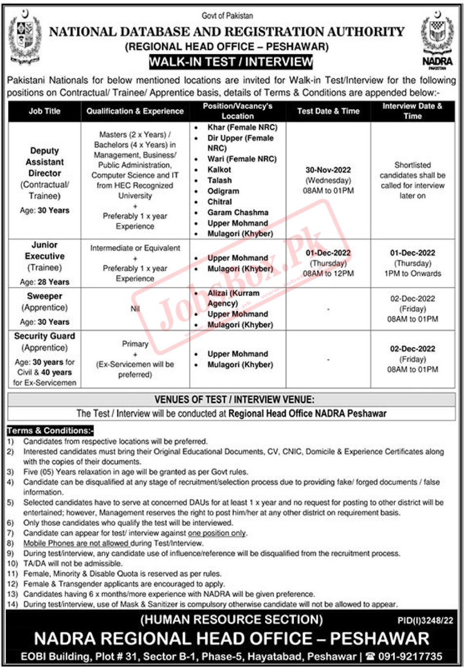 NADRA Regional Head Office Peshawar Jobs 2022 | NADRA KPK Vacancies