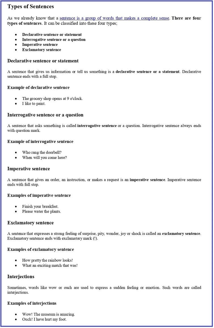 Types of Sentences or kinds of sentences