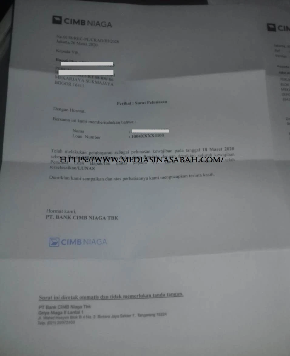 Surat Keterangan Lunas Bank CIMB Niaga - Mediasi 1099