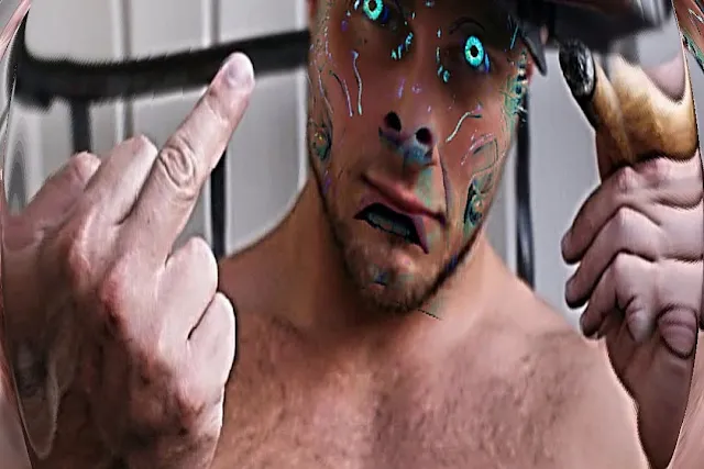 Up close shirtless cowboy with glowing green eyes giving the finger