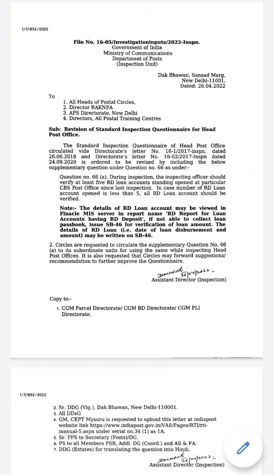 Revsied HO Inspection Questionnaire | Revision of Standard Inspection Questionnaire for Head Post Office (HO) | Dated 26.04.2022