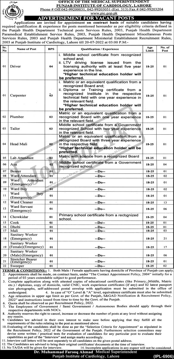 PIC Lahore Jobs 2022 - Punjab Institute of Cardiology Jobs 2022 - www.pic.gop.pk Jobs 2022