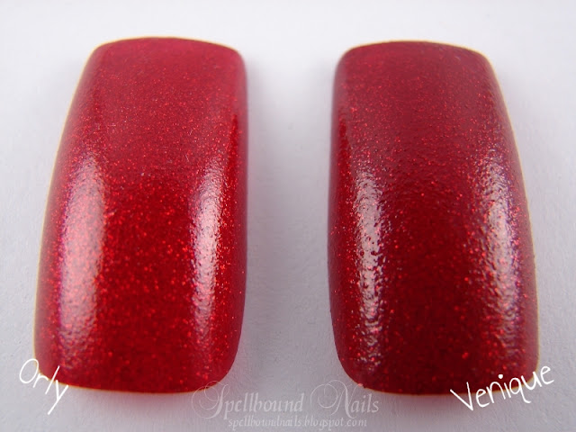 nails nailart nail art polish mani manicure Spellbound Venique Runway Sparkle shimmer glitter red deep dark Christmas holiday collection dupe Orly Star Spangled comparison color swatch two coats