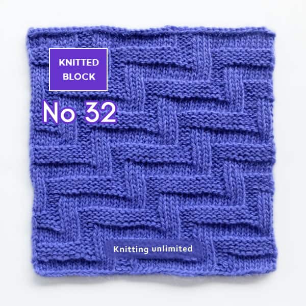 Knitted square pattern no 32. The pattern is a stitch pattern that creates a zig zag design in a piece of knitting.