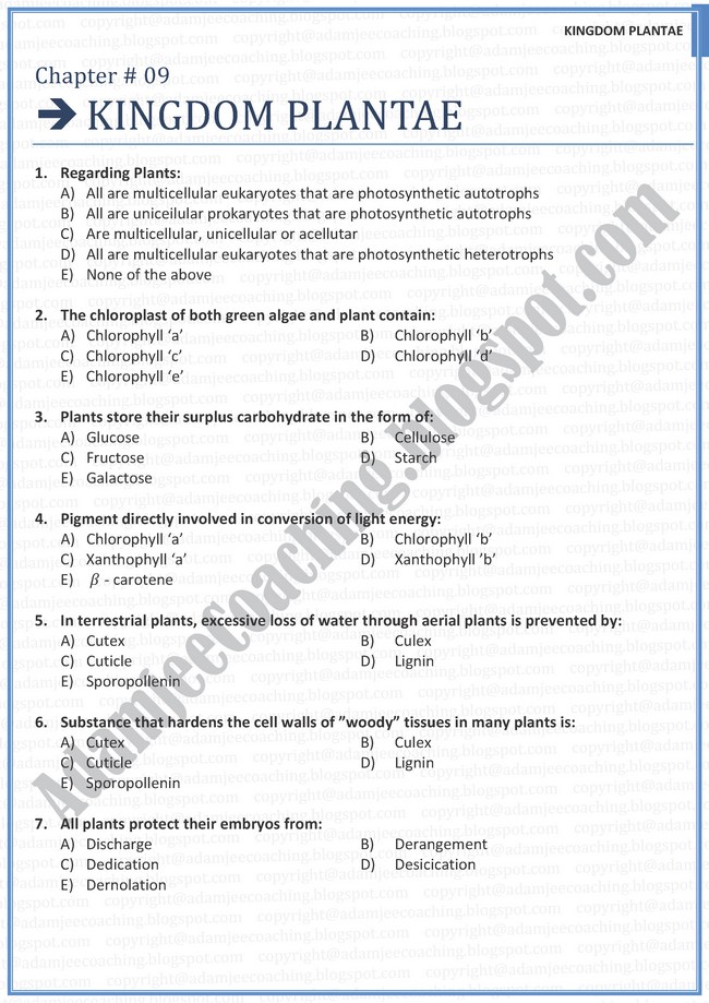 Biology Mcqs XI - Kingdom Plantae