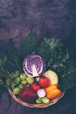 Basket of Vegetables with Brussel sprouts, kale, cabbage