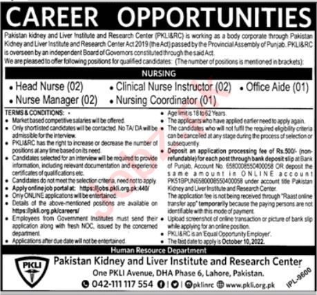 Latest Pakistan Kidney And Liver Institute And Research Centre PKLI Medical Posts Lahore 2022