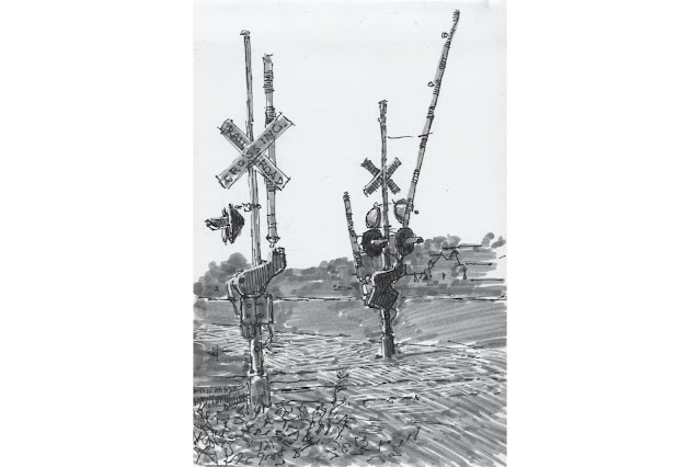 Ink sketch  of railroad crossing signals with road in background on white paper
