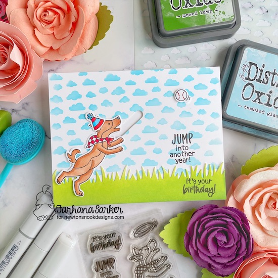 Dog Birthday Card by Farhana Sarker | Dog Park Stamp Set, Land Borders Die Set and Petite Clouds Stencil by Newton’s Nook Designs #newtonsnook