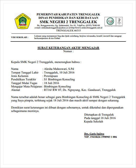 Surat Keterangan/ Pernyataan Aktif Mengajar (Word 