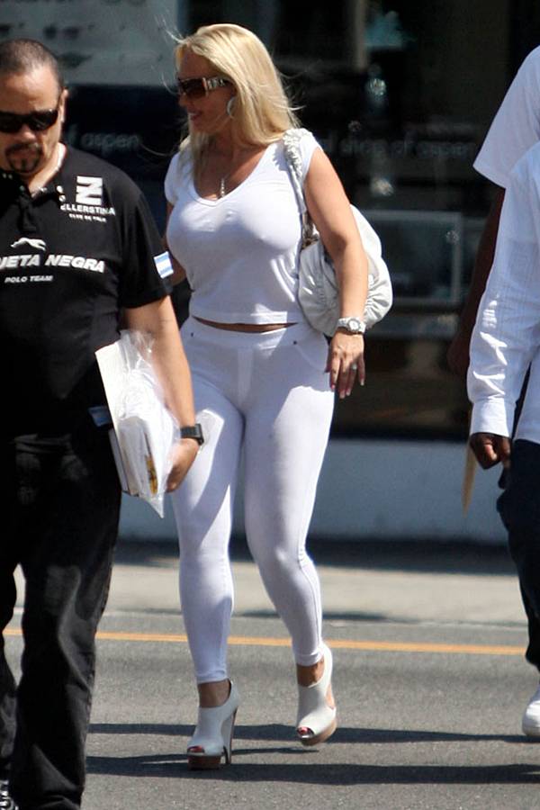 CoCo Austin in Tight White Outfit Walking her little Doggy