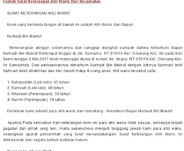 Contoh Surat Jago Waris Kematian